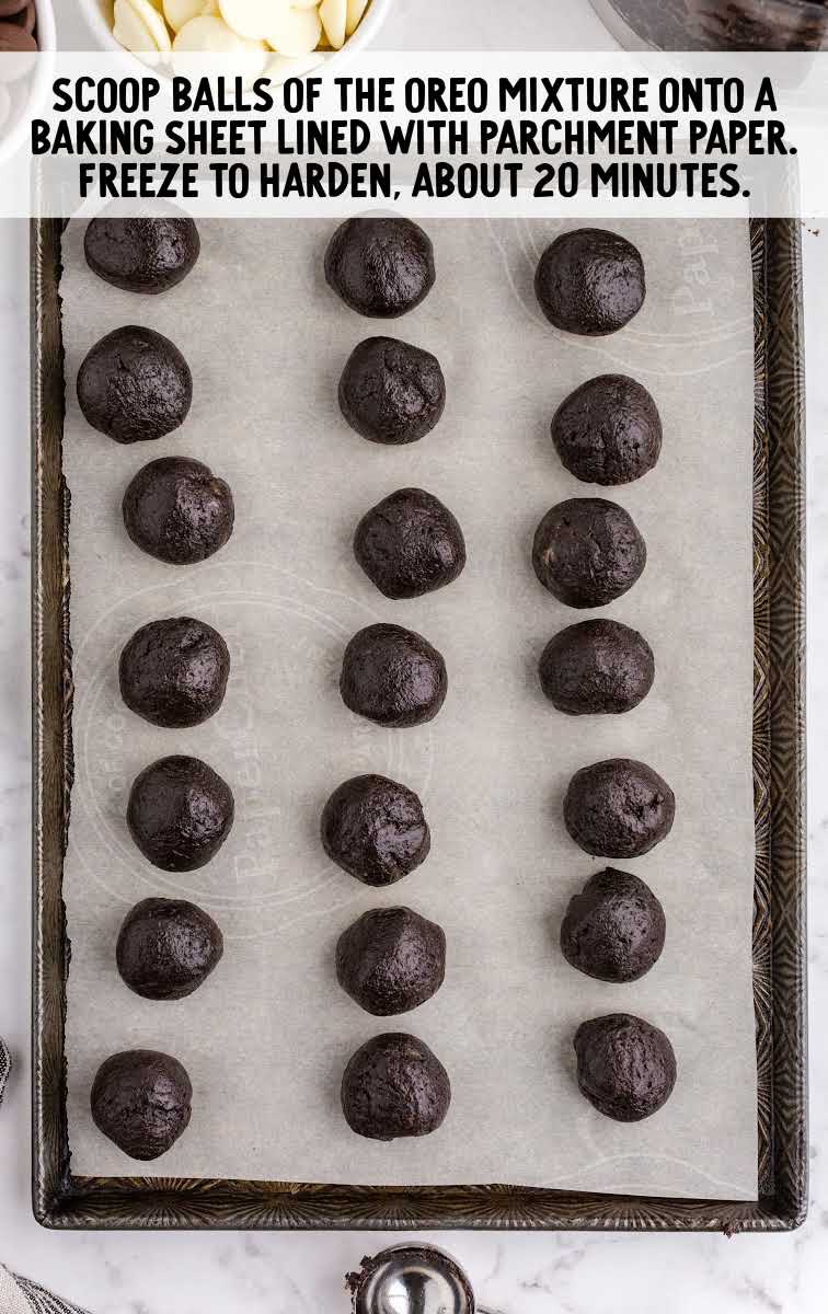 Oreo Balls process shot of oreo mixture scooped into balls and placed on a baking sheet
