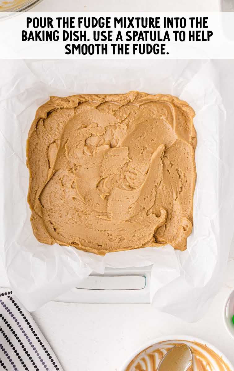 Peanut Butter Fudge process shot of fudge mixture poured into a parchment lined baking dish