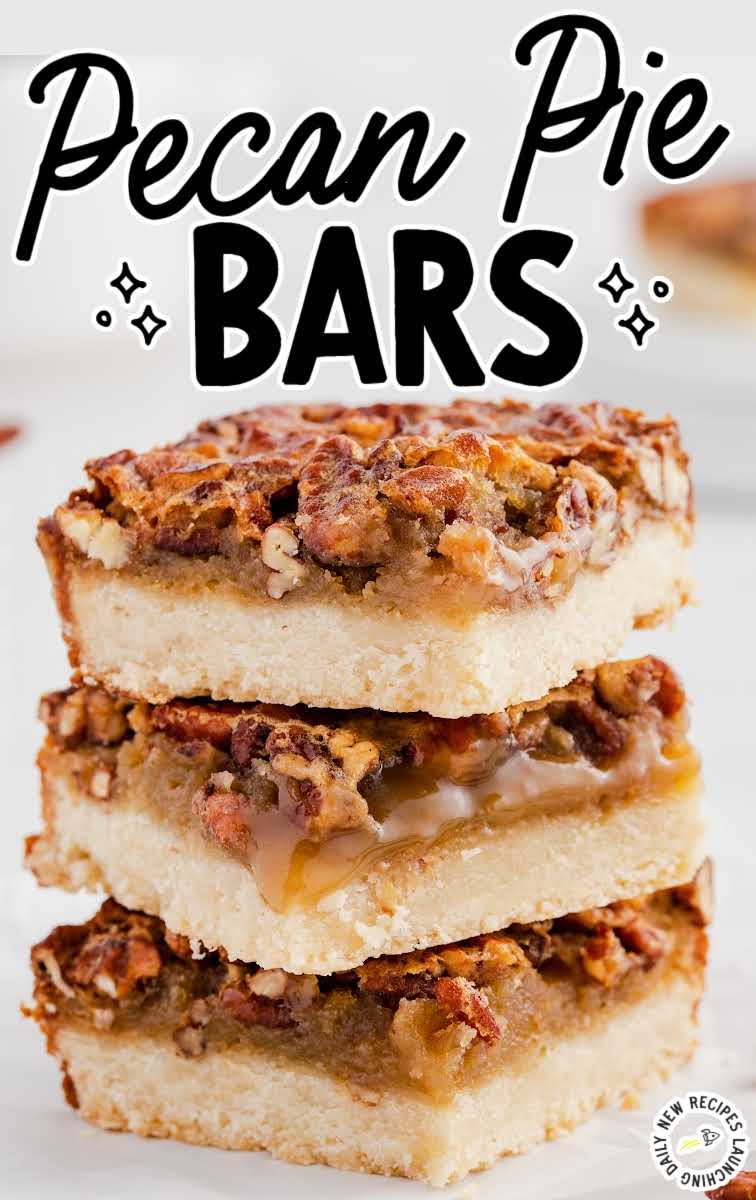 close up shot of Pecan Pie Bars stacked on top of each other