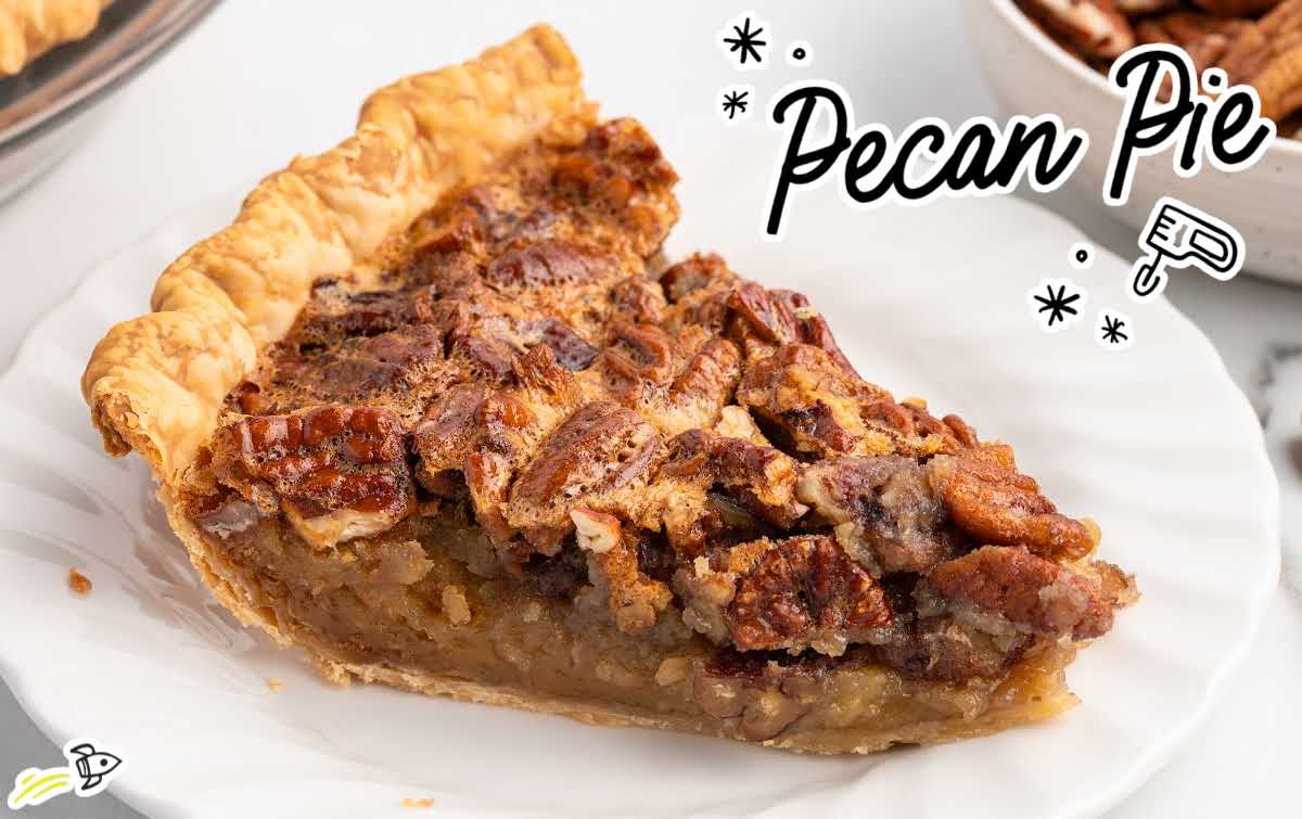 Slice of classic pecan pie on a white plate with pecans in the background.