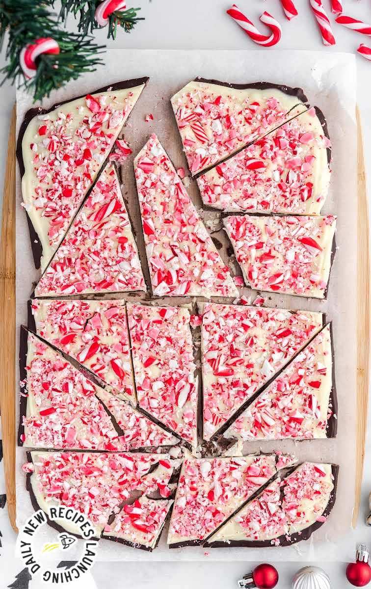 close up overhead shot of Peppermint Bark on parchment paper