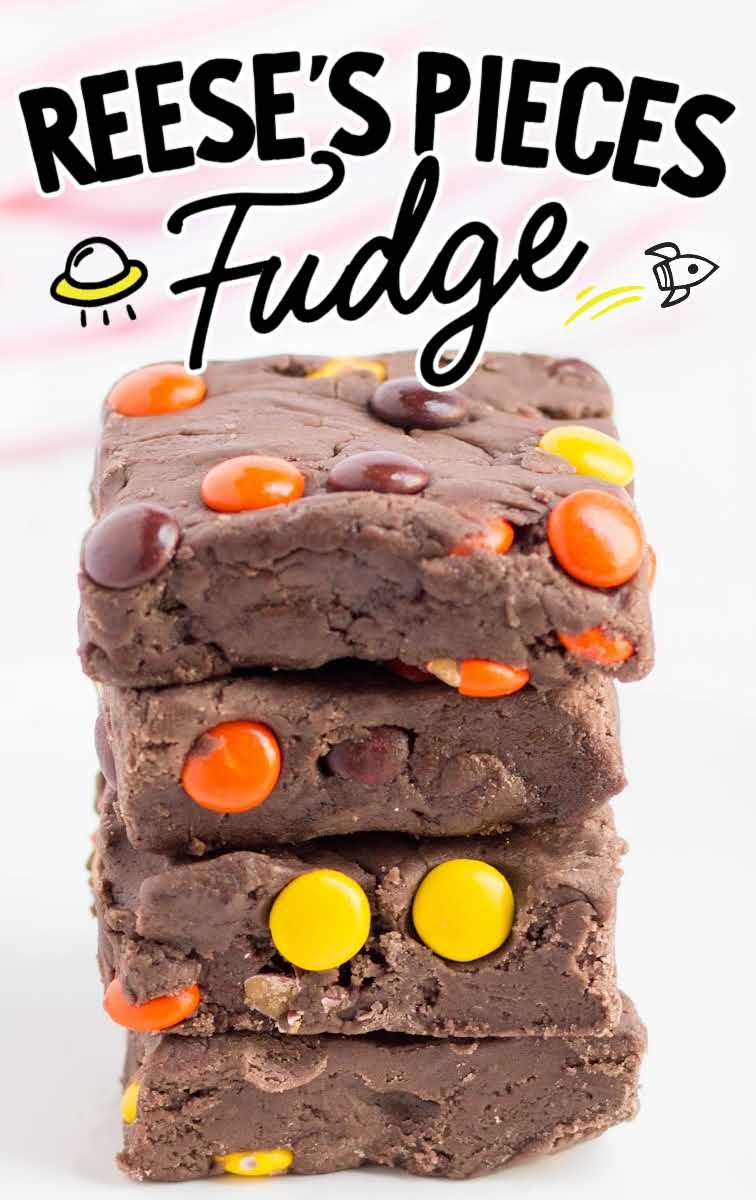 close up shot of Reese's Pieces Fudge stacked on top of each other