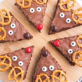 close up overhead shot of Reindeer Brownies on a wooden board