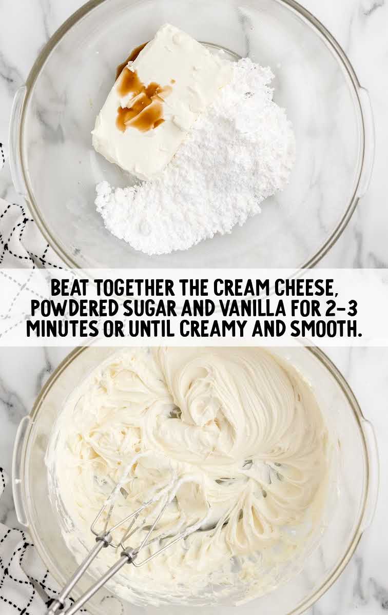 cream cheese, powder sugar, and vanilla blended together in a bowl