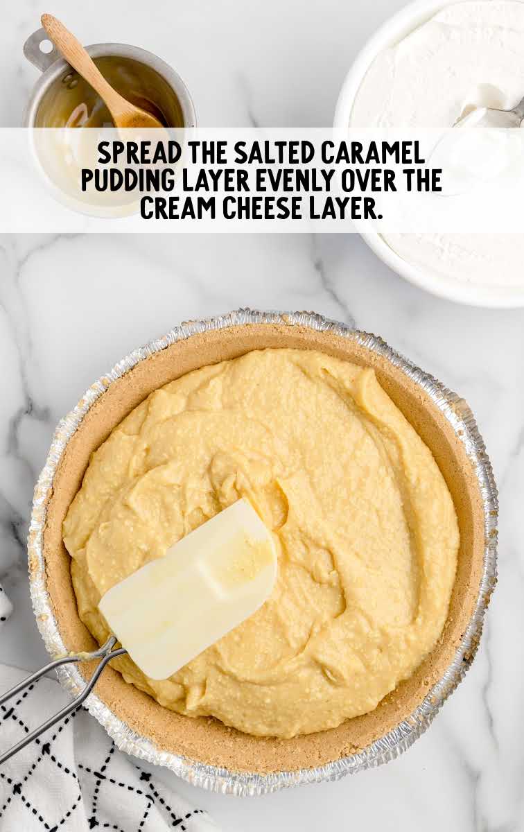 salted caramel pudding layer spread over cream cheese layer