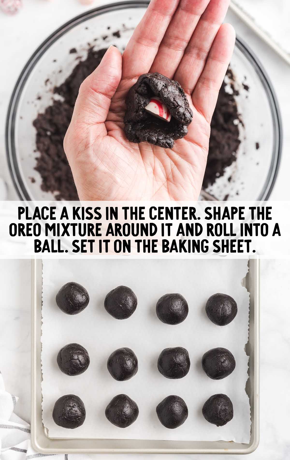 Surprise Inside Oreo Balls process shot of kiss placed into the center of the oreo mixture then rolled and placed on a baking sheet