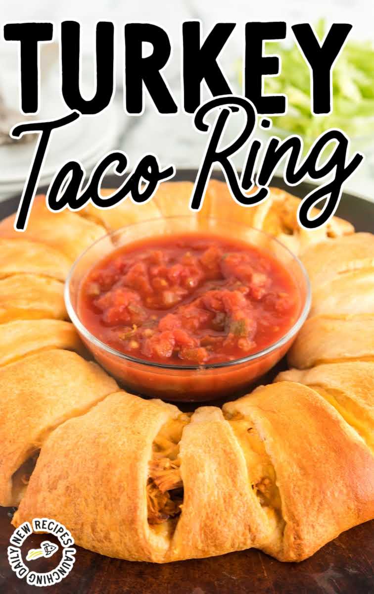 close up shot of a Turkey Taco Ring with a bowl of salsa in the middle