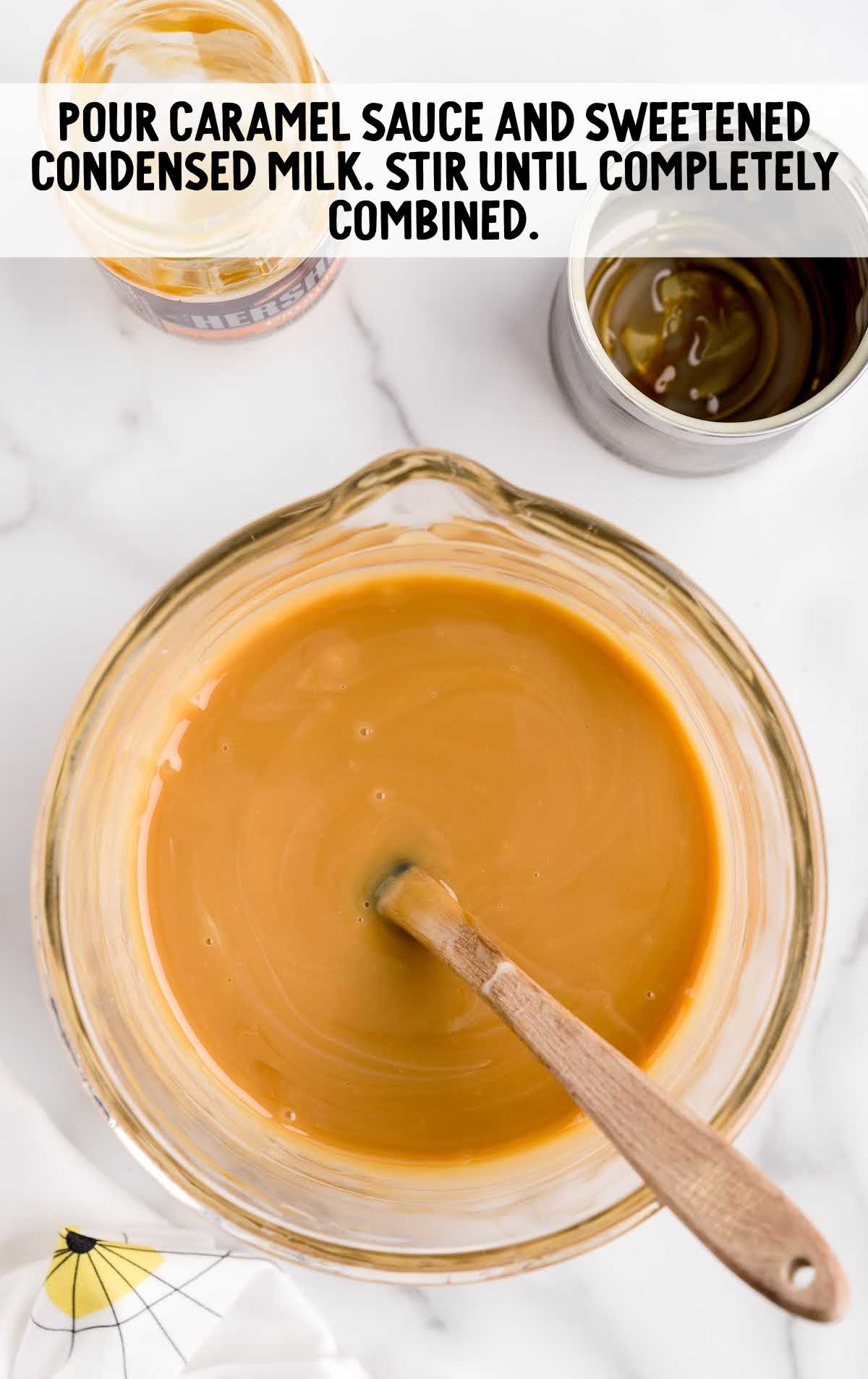 caramel sauce and sweetened condensed milk combined in a bowl