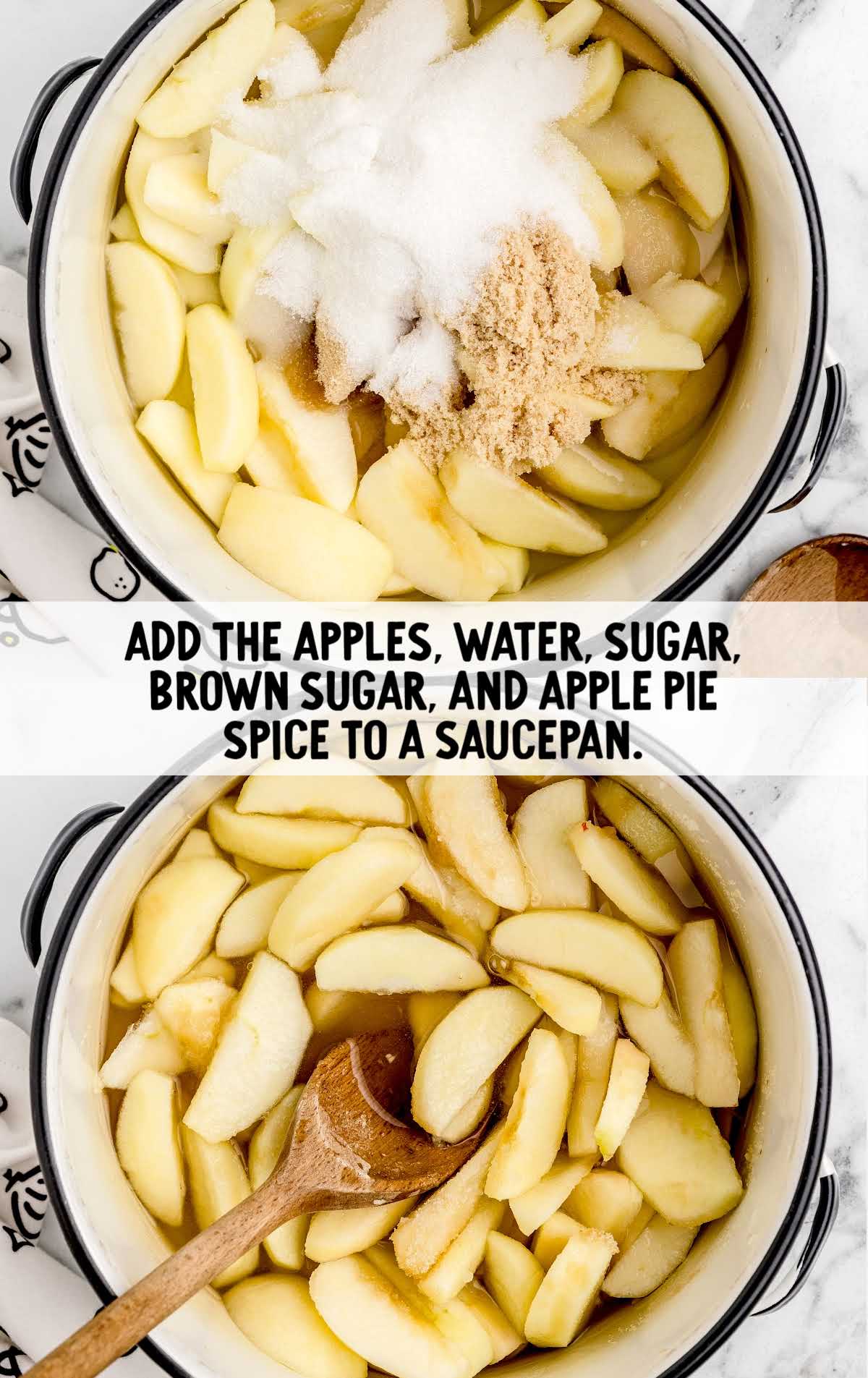 apples, water, sugar, brown sugar, and apple pie added to a saucepan