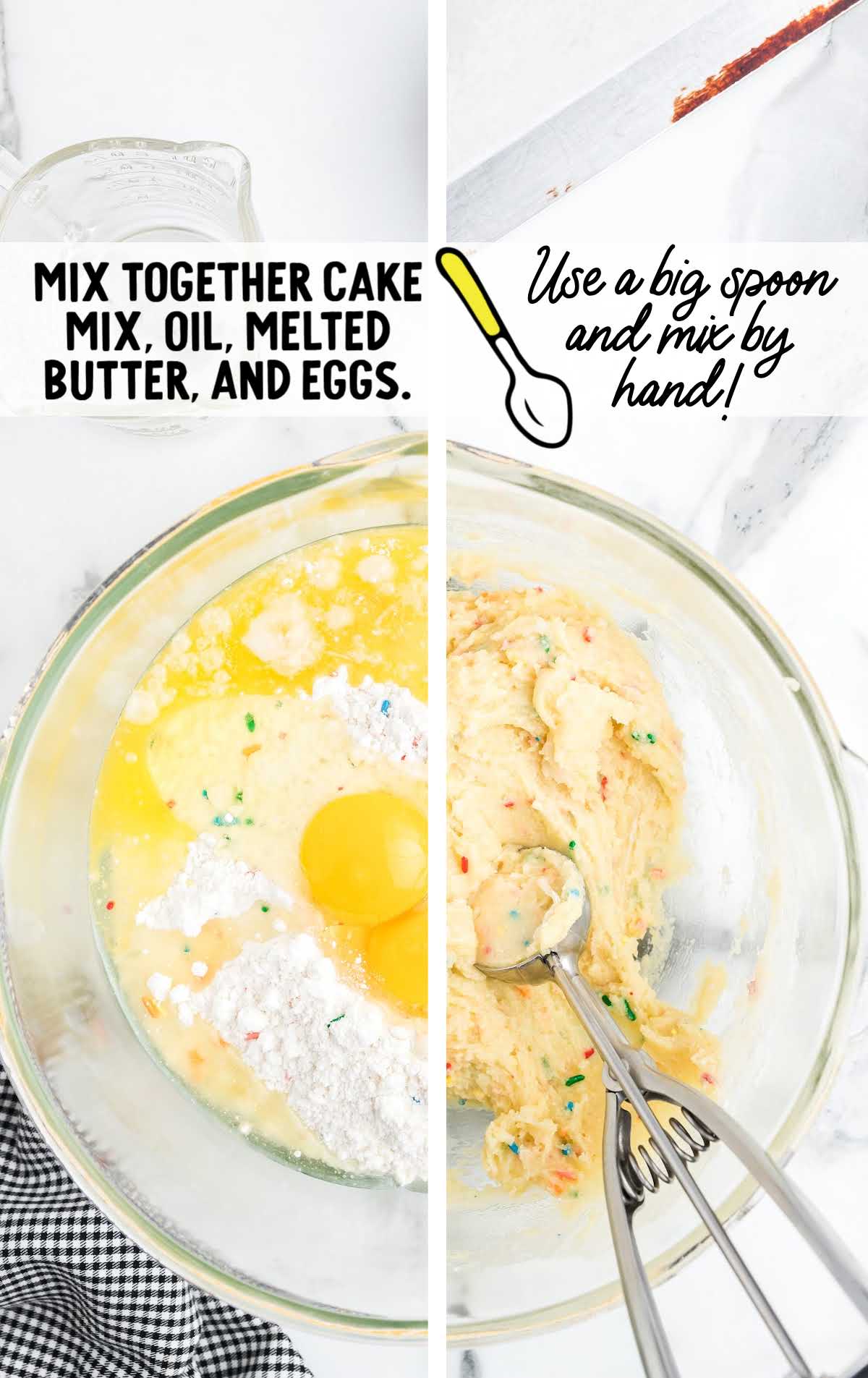 cake mix, oil, melted butter and eggs mixed together in a bowl