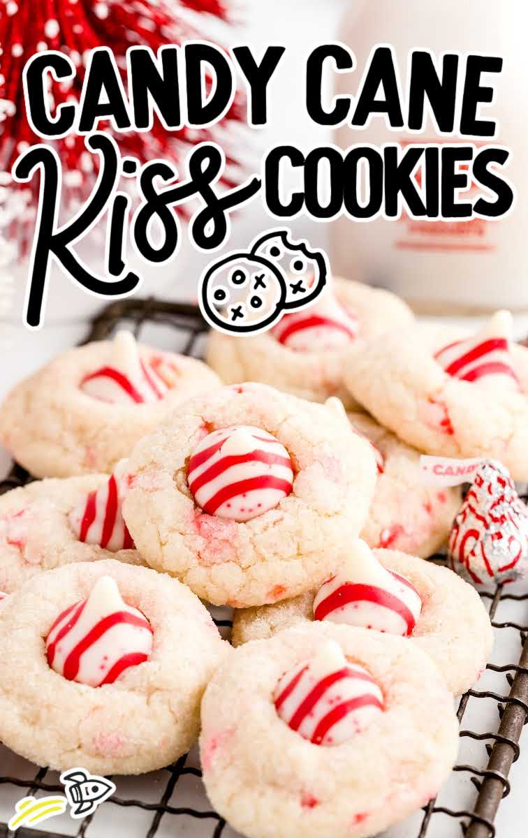 close up shot of candy cane kiss cookies on a cooling rack