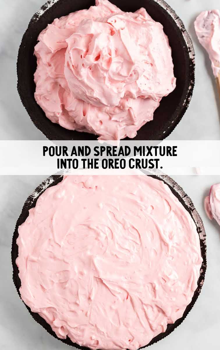 spread mixture poured on top of oreo crust