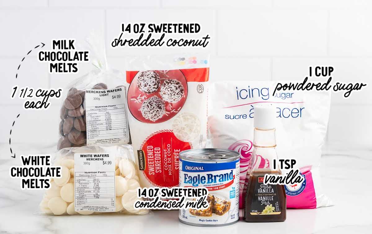 Ingredients for milk chocolate coconut balls, including sweetened shredded coconut, sweetened condensed milk, powdered sugar, vanilla, milk chocolate melts, and white chocolate melts.
