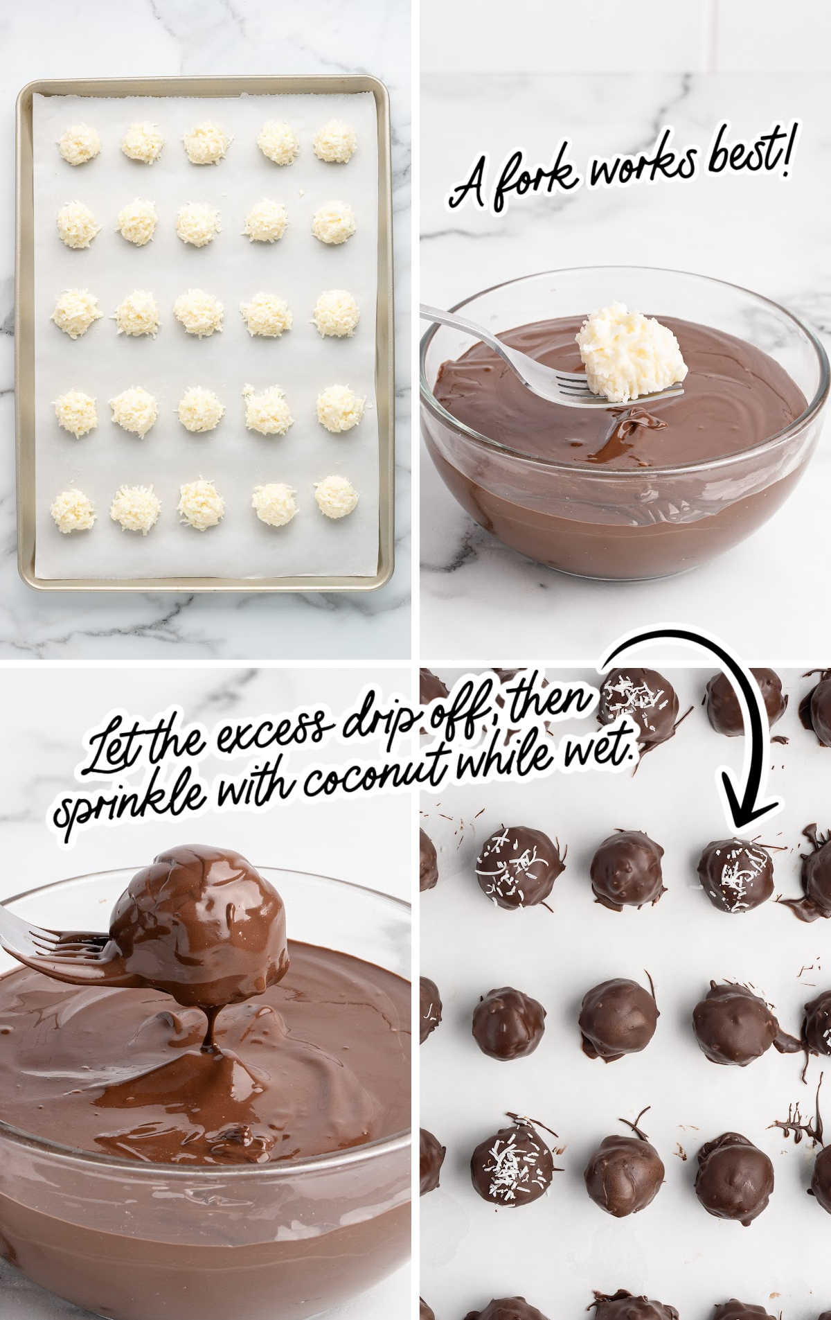 Step-by-step process of dipping coconut balls in melted chocolate and topping with shredded coconut.