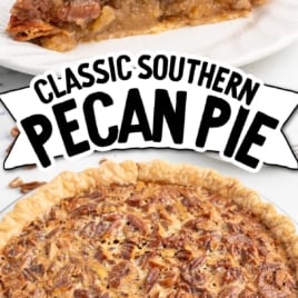 Classic Southern pecan pie slice and whole pie shown together for a recipe pin.