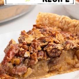 Vintage pecan pie recipe pin with close-up slice and flaky crust.