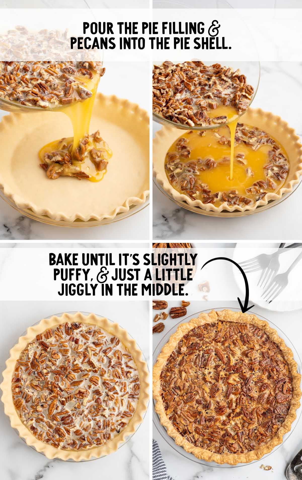 Step-by-step collage showing pecan pie filling being poured into an unbaked pie crust and the baked pie with a golden, slightly jiggly center.