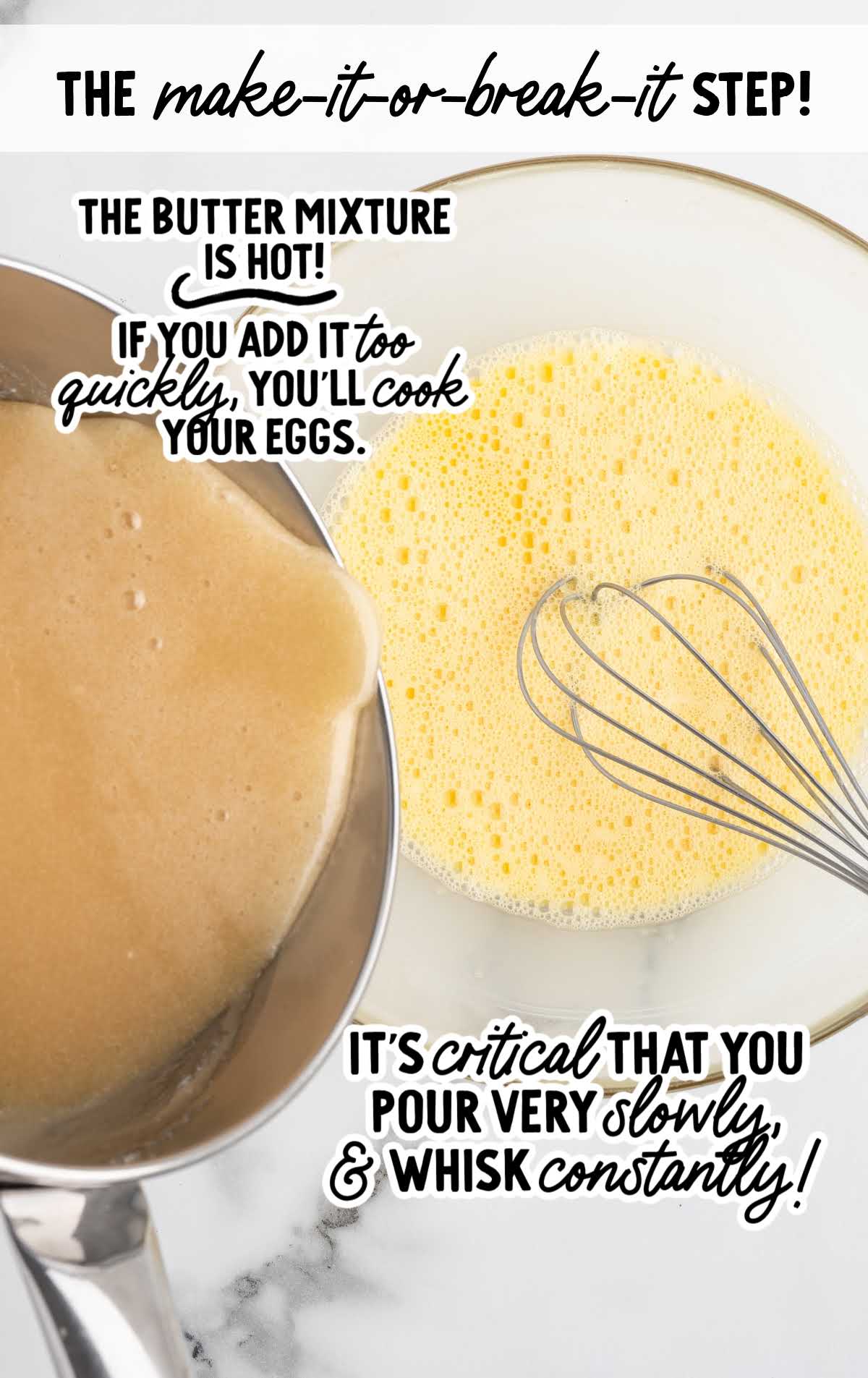 Hot butter mixture being slowly poured into whisked eggs to temper them during pecan pie preparation.