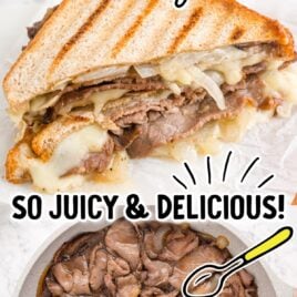 close up shot of roast beef panini with au jus cut in half and stacked on top of each other and close up overhead shot of roast beef panini with au jus in a skillet