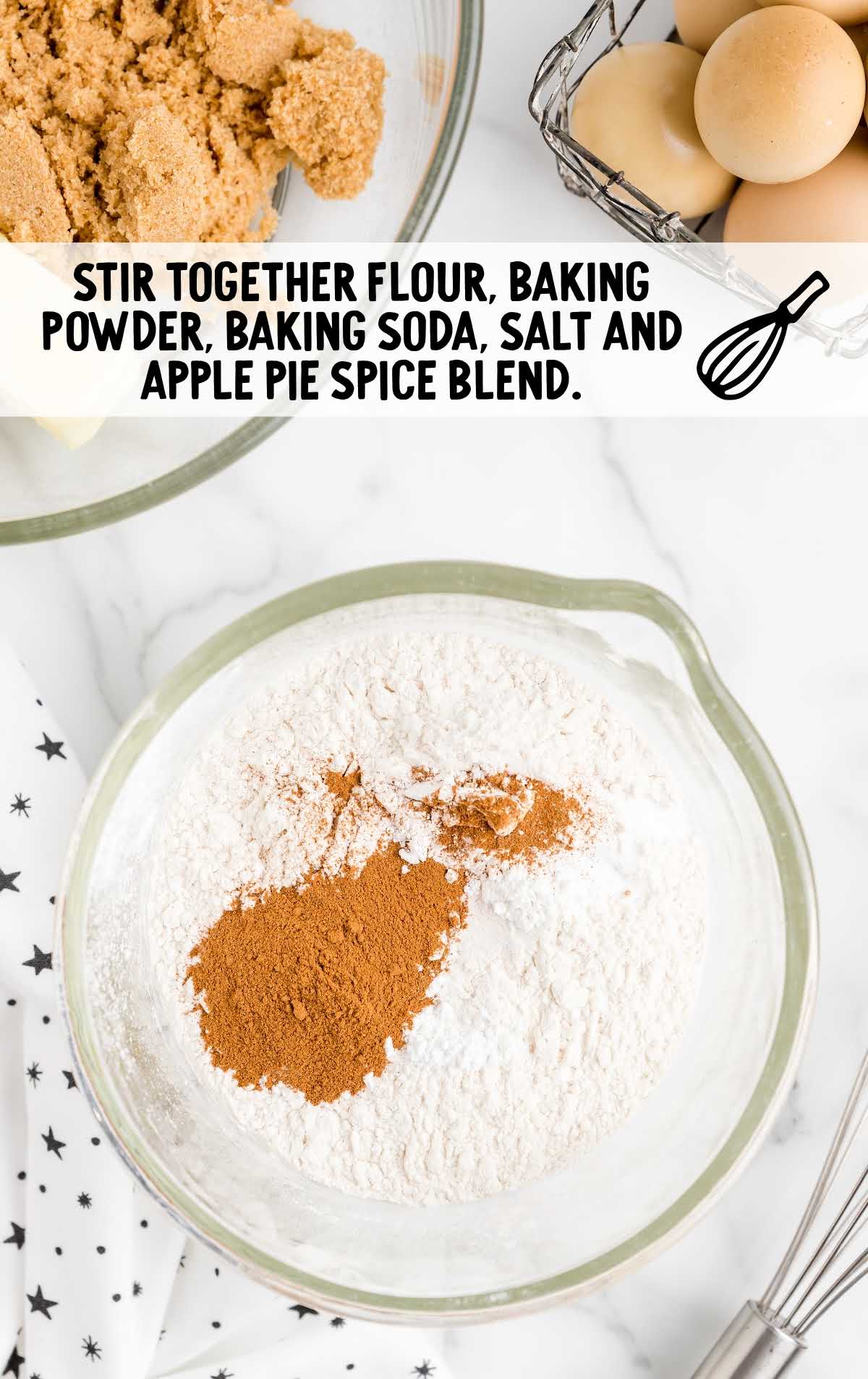 flour, baking powder, baking soda, salt and apple pie spice blend stirred together