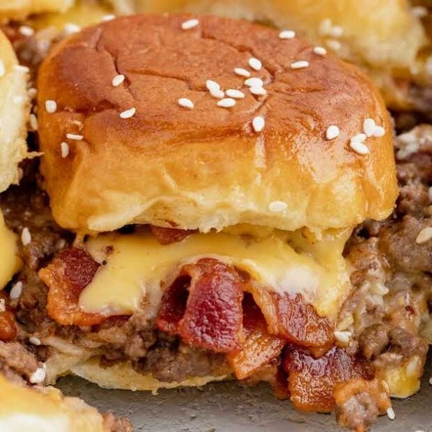 close up shot of a bunch of Bacon Cheeseburger Sliders