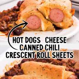 close up shot of a plate of Baked Chili Dogs and close up shot of a baking dish of Baked Chili Dogs