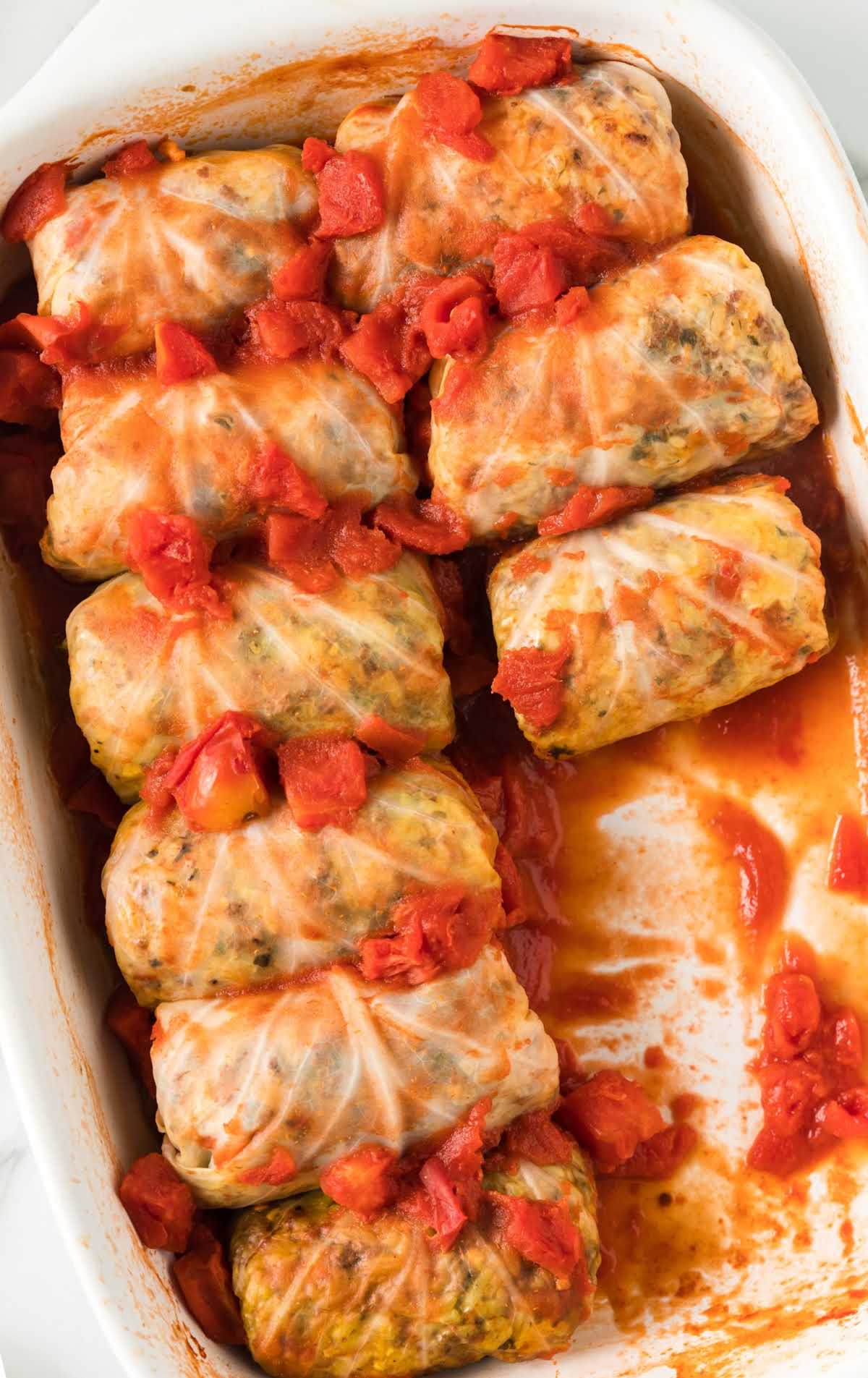 close up overhead shot of a baking dish of Cabbage Rolls