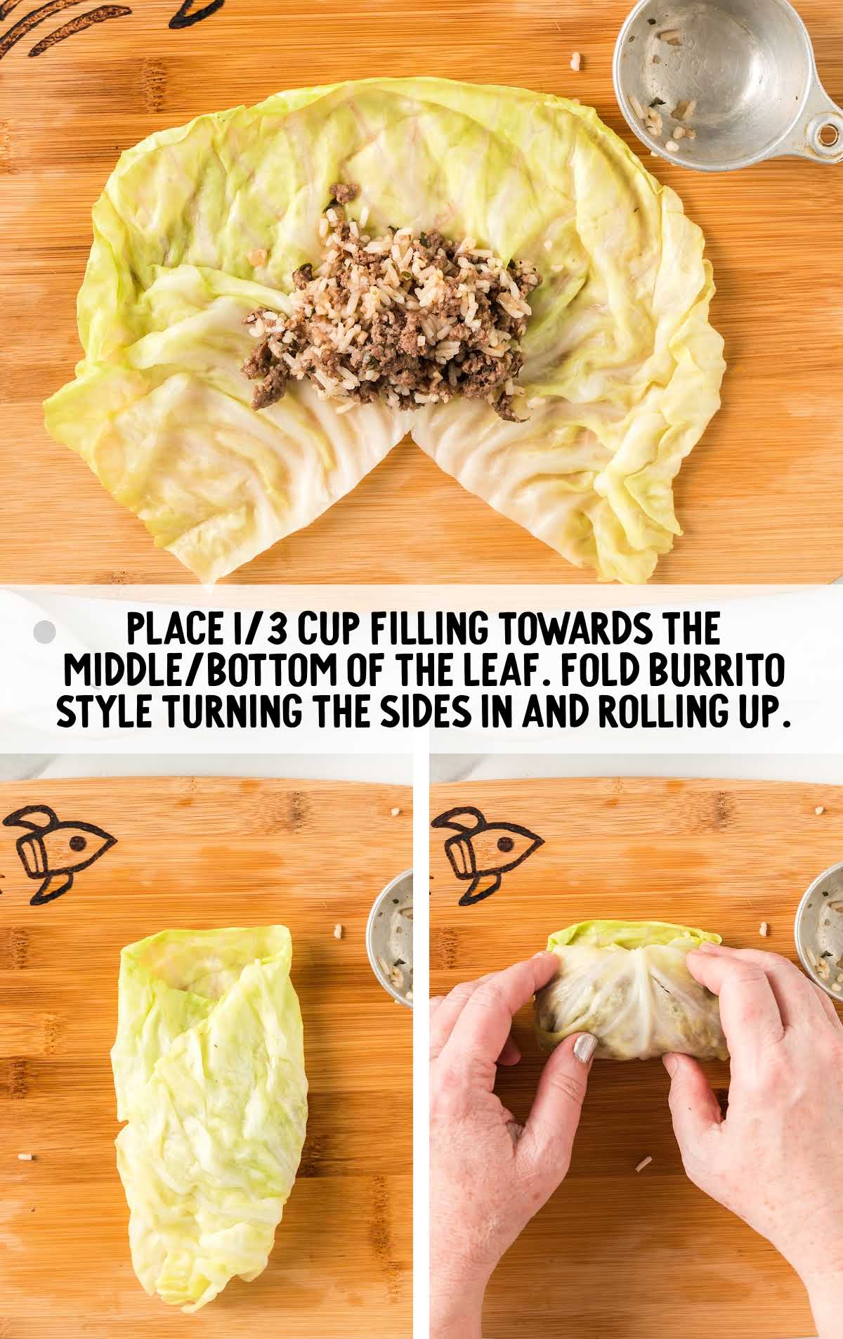 Cabbage Rolls process shot of meat mixture placed on the cabbage then rolled up into a burrito