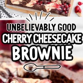 overhead and close up shot of Cherry Cheesecake Brownie on a wooden board