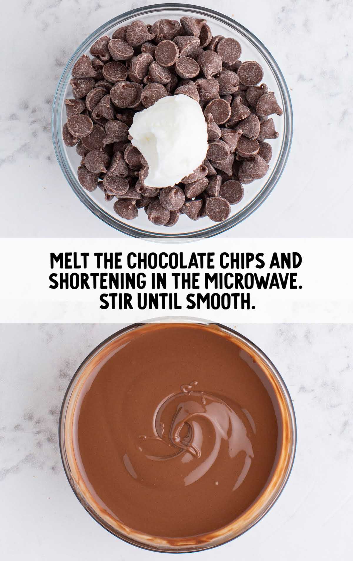 chocolate chips and shortening melted in a bowl