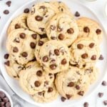 close up overhead shot of Chocolate Chip Pudding Cookies piled on a plate