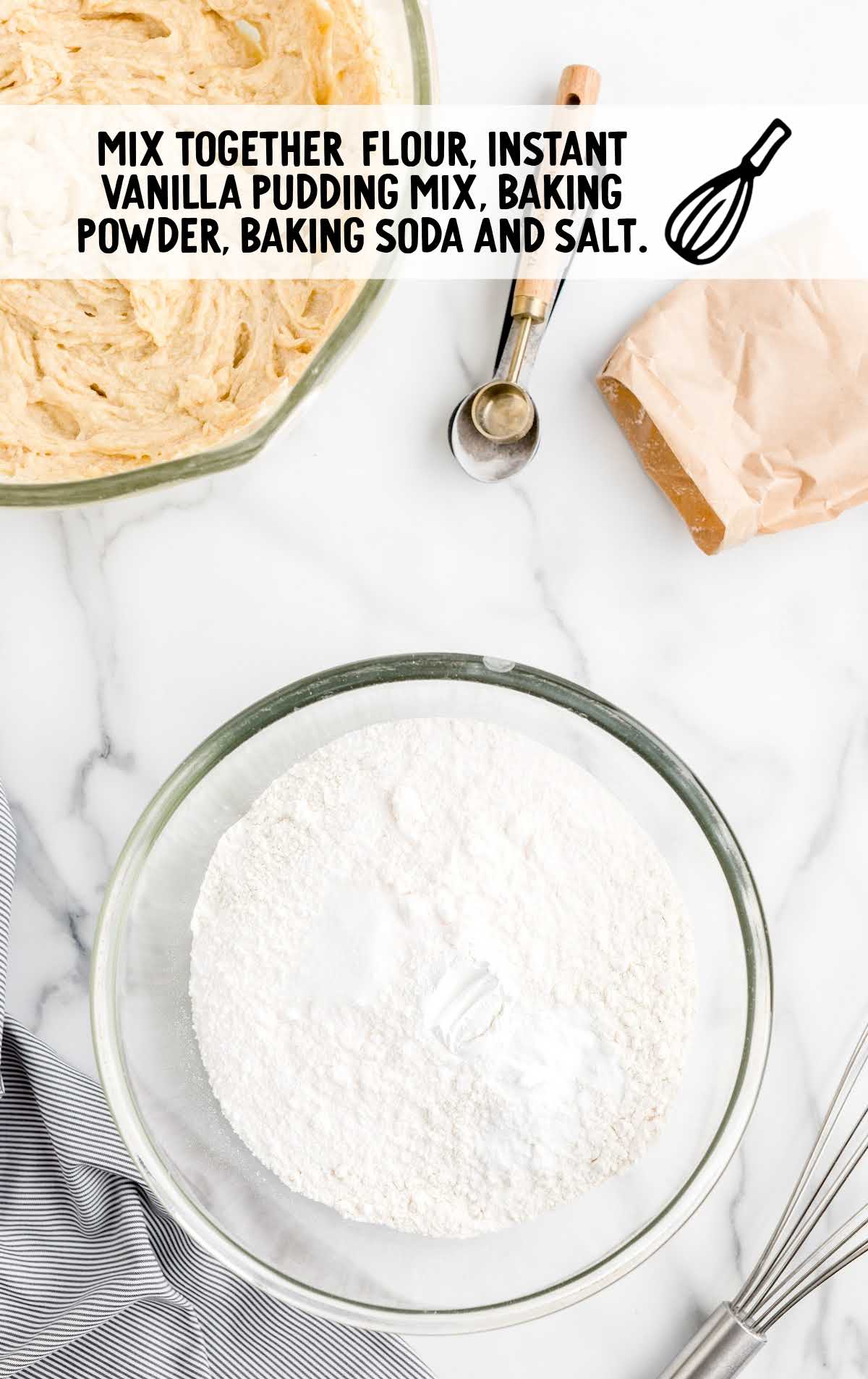 flour, instant vanilla pudding mix, baking powder, baking soda, and salt mixed together
