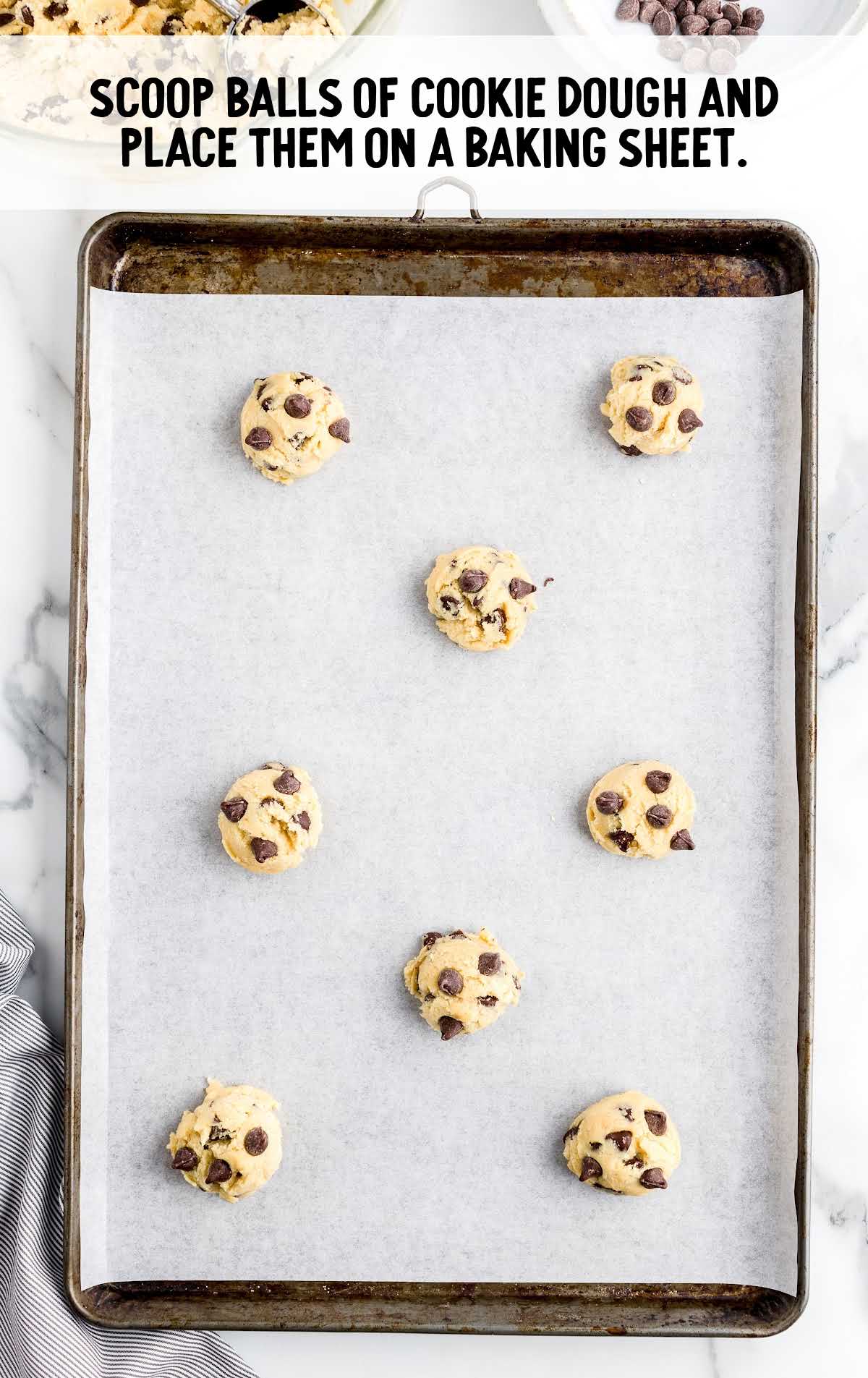 Chocolate Chip Pudding Cookies process shot of balls of cookie dough placed on a baking sheet