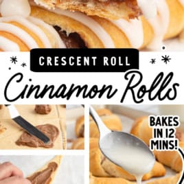 Stack of Crescent Roll Cinnamon Rolls with white icing, close-up of gooey filling, dough being spread, rolled, baked, and drizzled with icing. Text reads: Crescent Roll Cinnamon Rolls Recipe. Bakes in 12 mins!.
