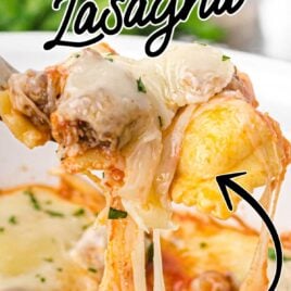 close up shot of a forkful of Crockpot Lasagna