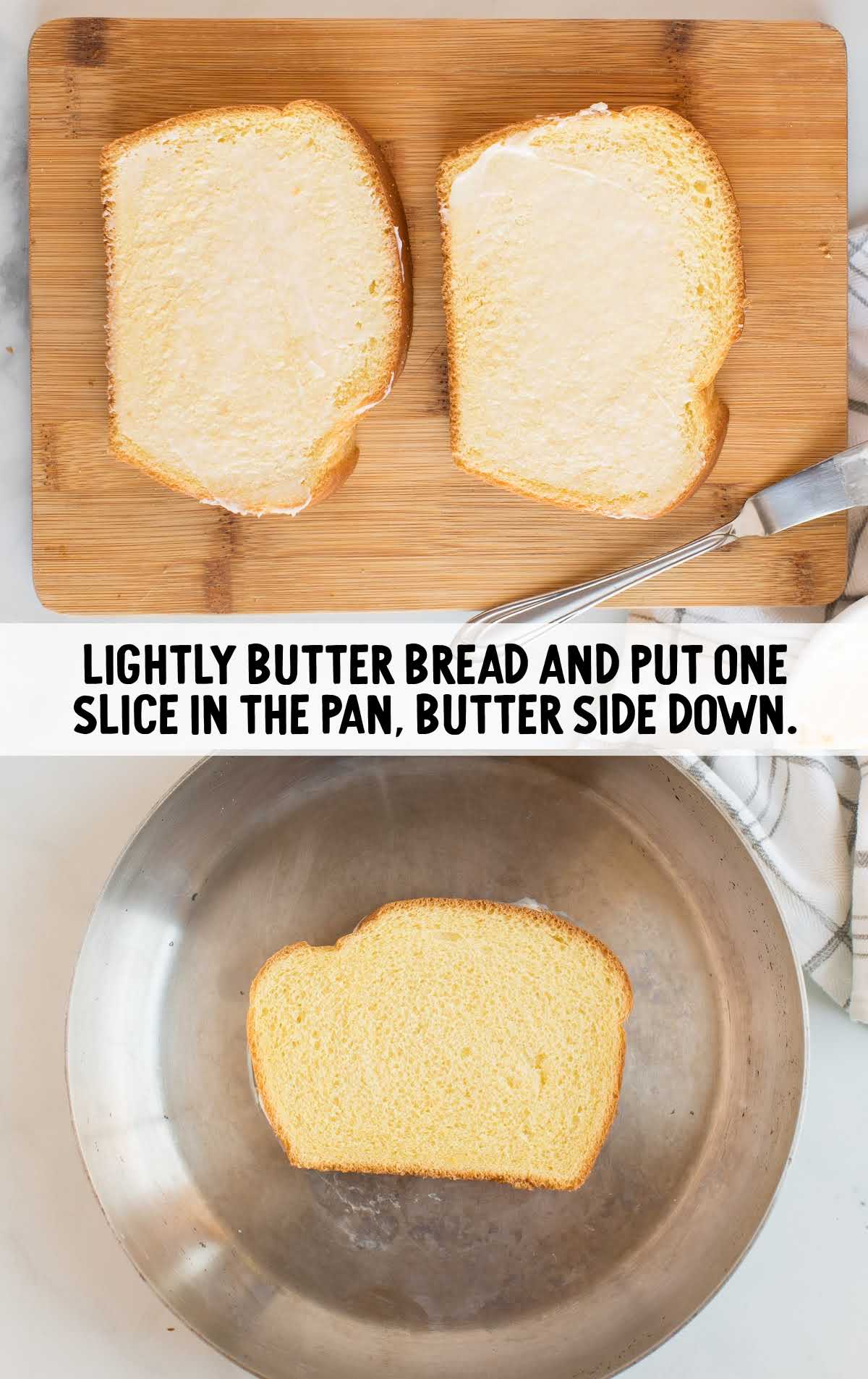 butter being spread on the bread and then bread placed on a skillet