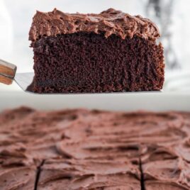 close up shot of a slice of Hershey's Chocolate Cake on a spatula