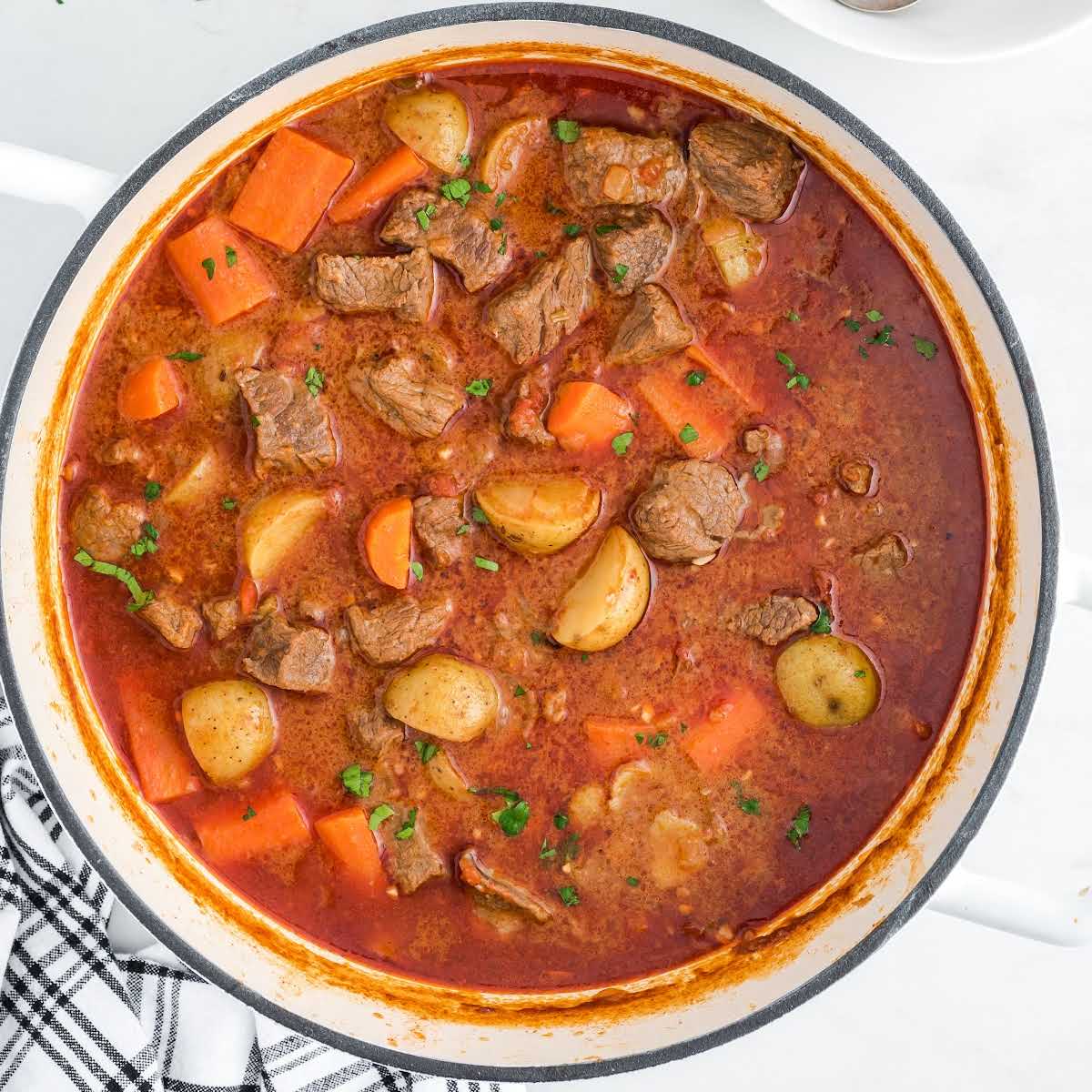 close up overhead shot of a pot of Hungarian Goulash garnished with parsley