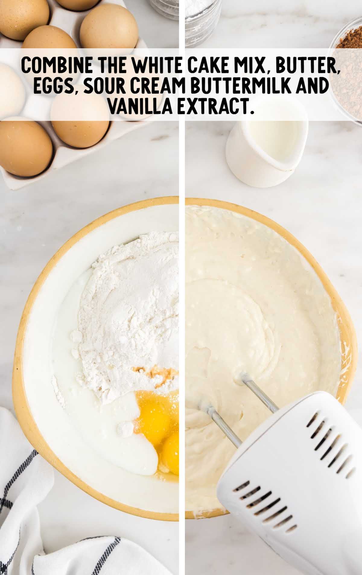 white cake mix, butter, eggs, sour cream buttermilk and vanilla extract being blended together in a bowl
