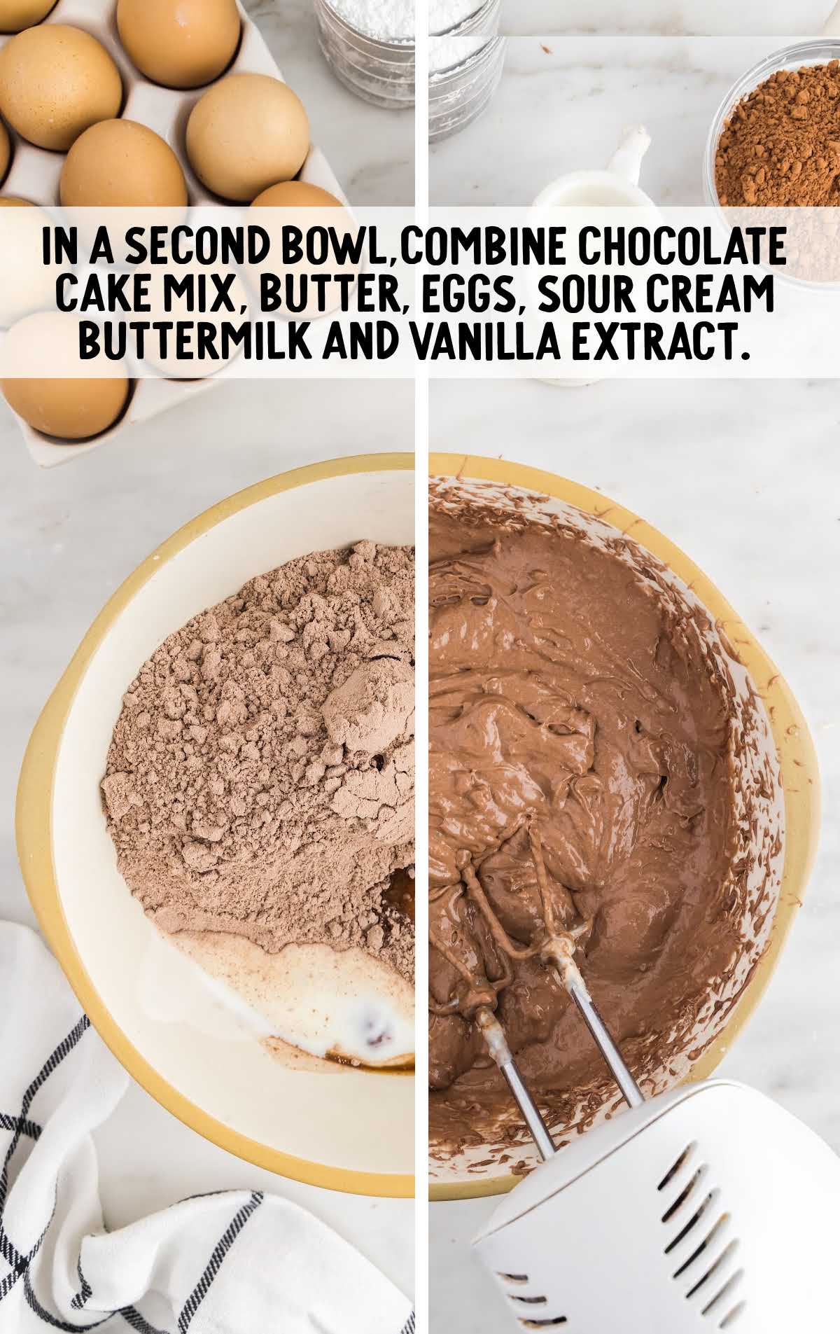 chocolate cake mix, butter, eggs, sour cream, buttermilk, and vanilla extract combined in a different bowl