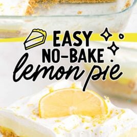 close up shot of a baking dish of No-Bake Lemon Pie garnished with lemon peel and close up shot of a slice of No-Bake Lemon Pie garnished with lemon peel and a slice of lemon on a plate