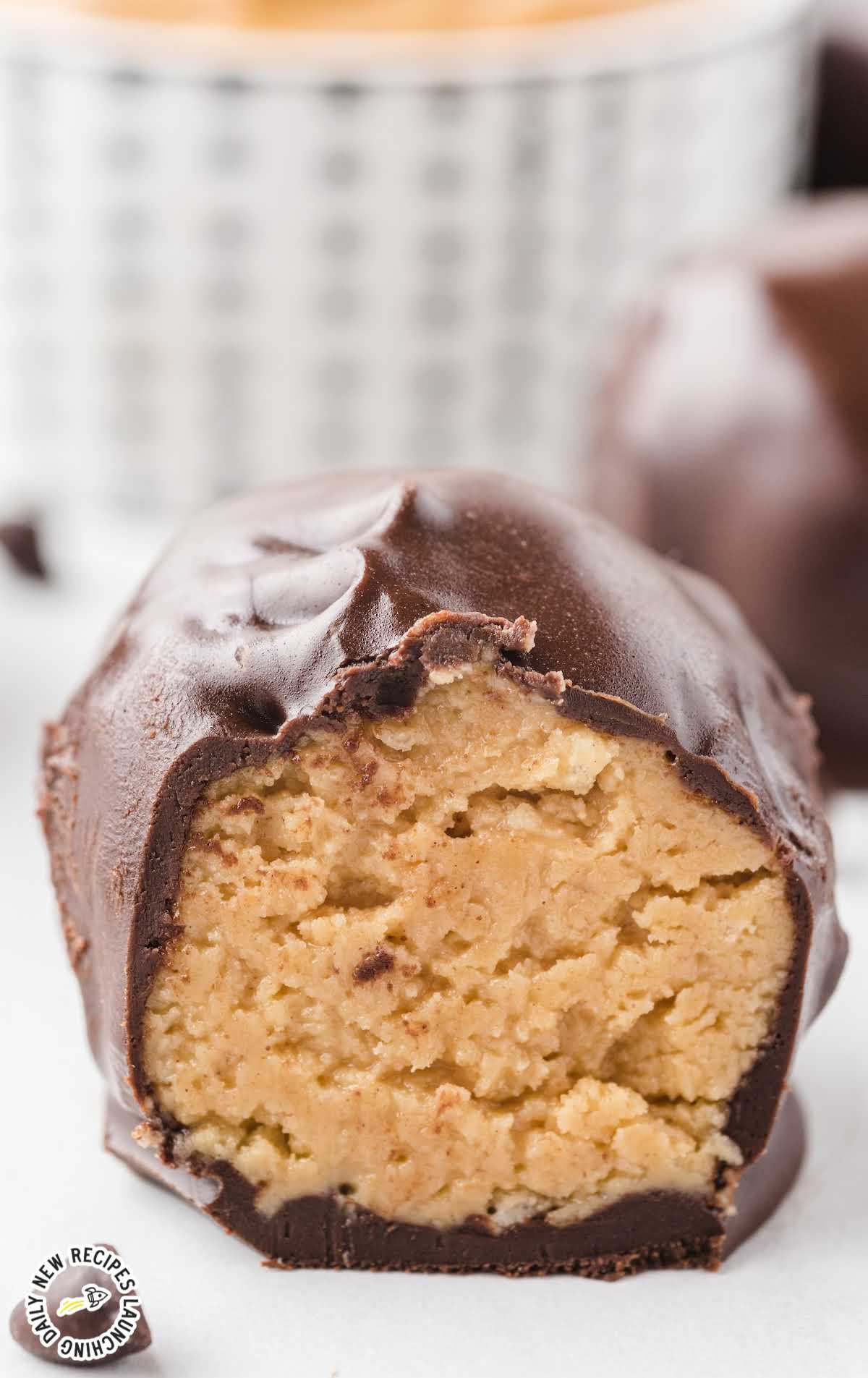 close up shot of chocolate dipped Peanut Butter Balls