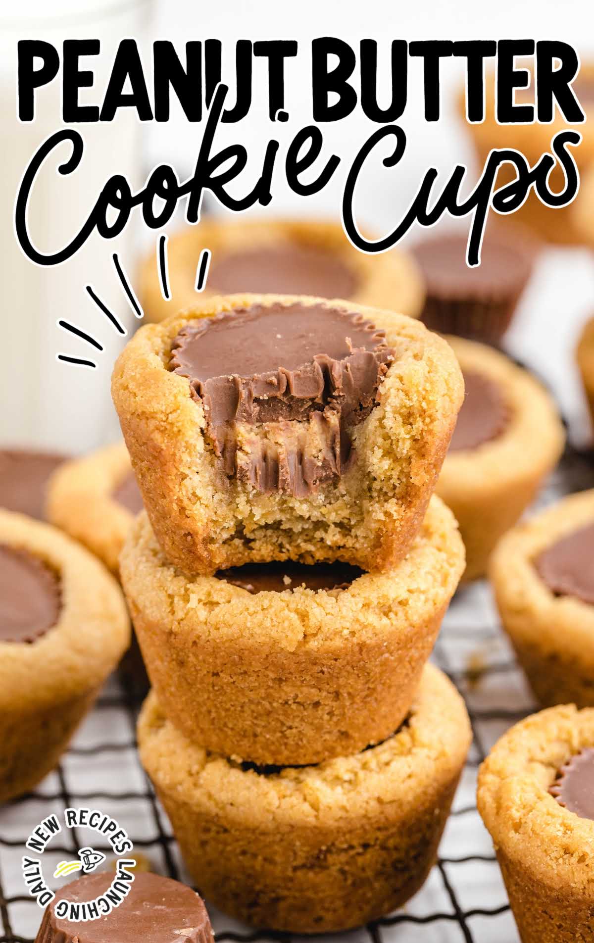 close up shot of Peanut Butter Cookie Cups piled on top of each other