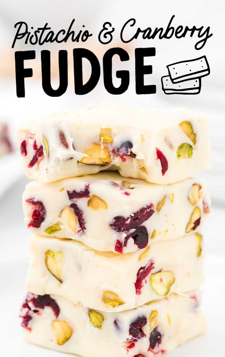 close up shot of Pistachio and Cranberry Fudge stacked on top of each other