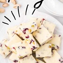 close up overhead shot of a plate of Pistachio and Cranberry Fudge