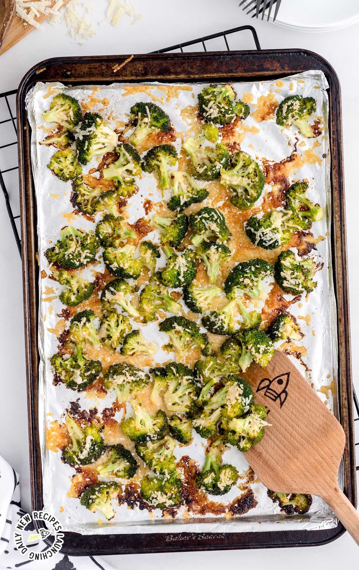 overhead shot of a baking sheet of Roasted Broccoli
