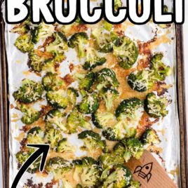 close up overhead shot of a baking sheet of Roasted Broccoli