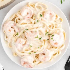 close up overhead shot of a plate of Shrimp Alfredo topped with parsley