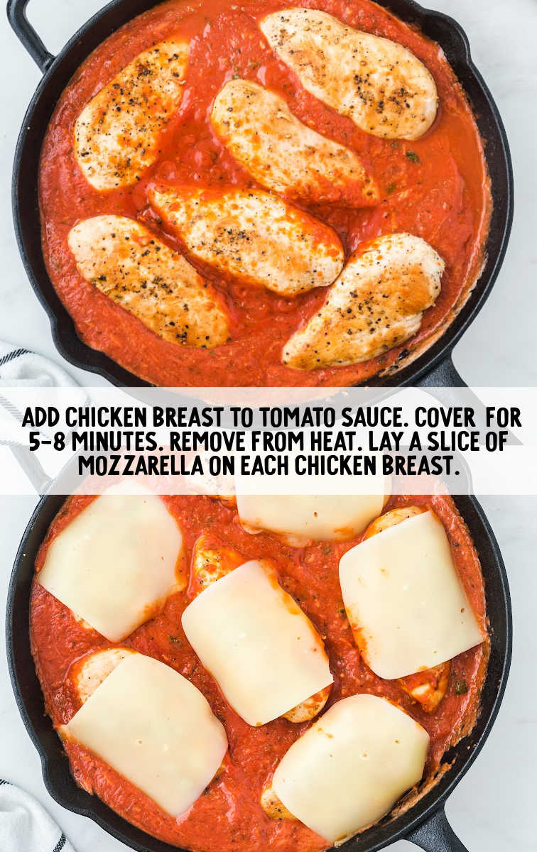 Skillet Chicken And Mozzarella Bake process shot of chicken breast added to tomato sauce and topped with slices of mozzarella