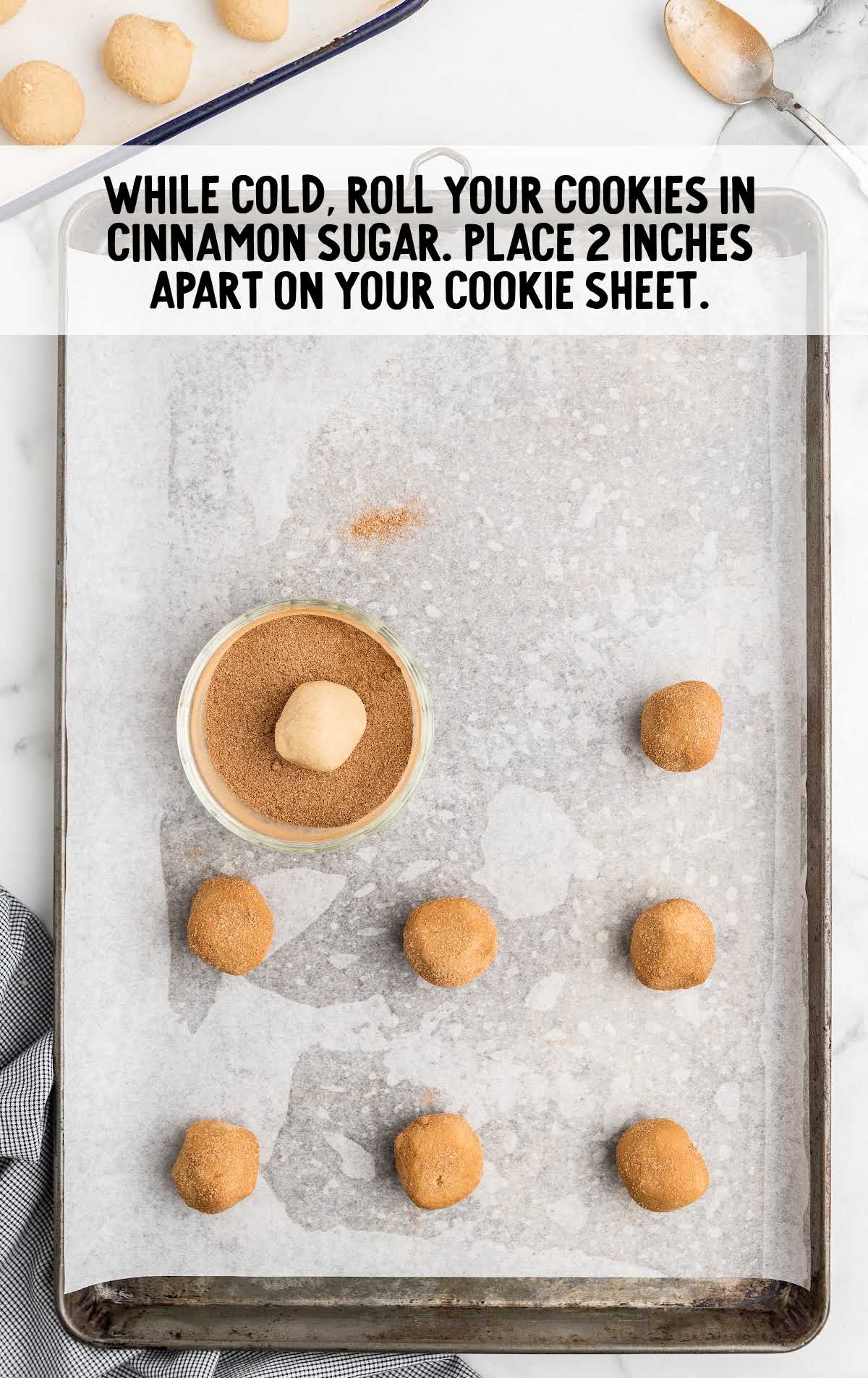 Snickerdoodle Cookies Recipe process shot of cookie dough balls rolled into cinnamon sugar and placed on a cookie sheet